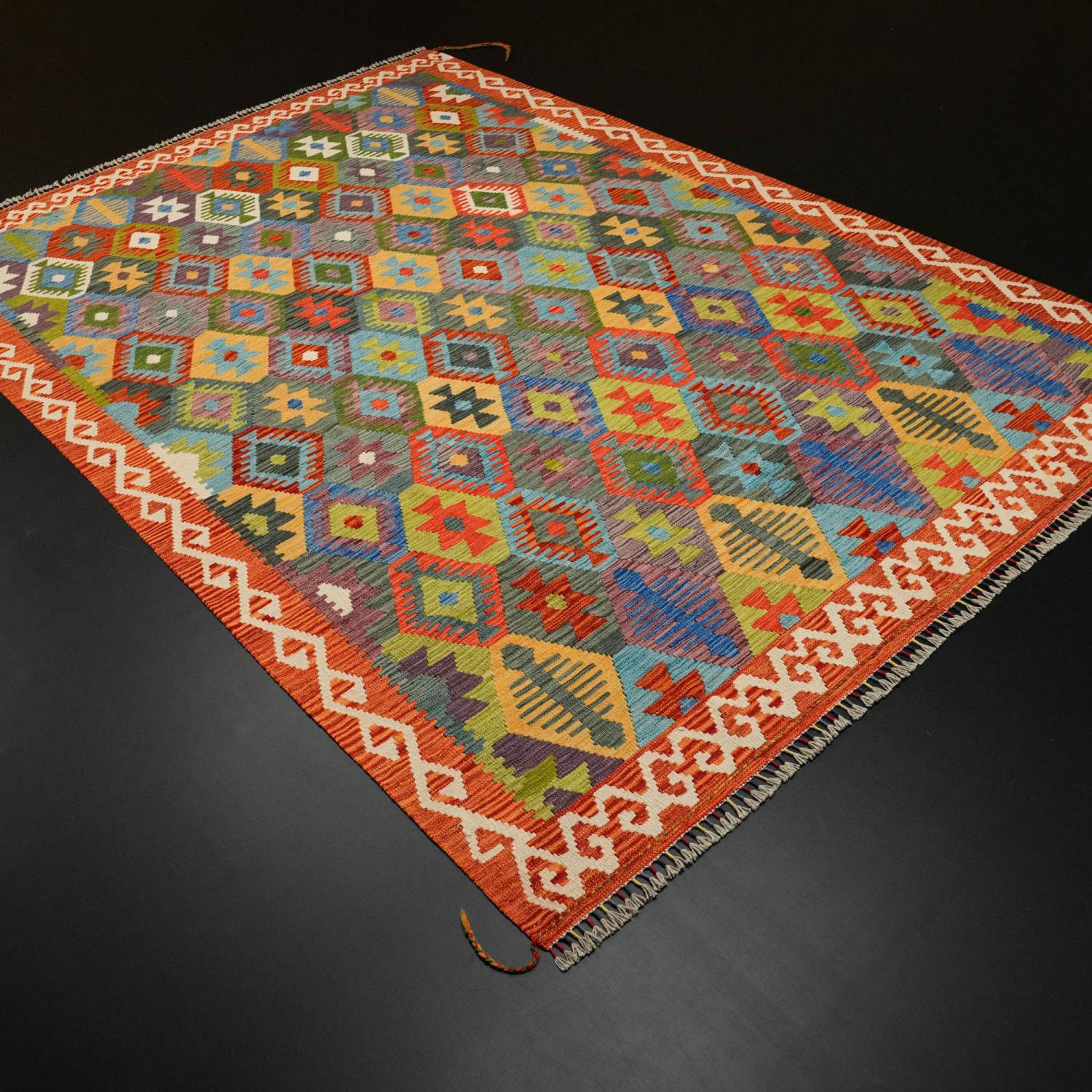 Hand Woven Colorful Anatolian Patterned Wool Rug